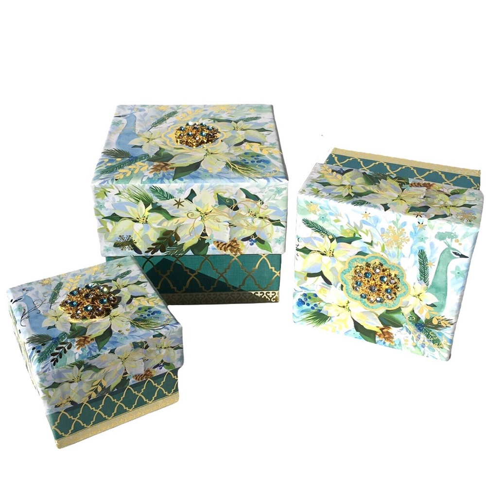 Punch Studio White Poinsettia Winter Peacock 3 Trinket Brooch Nesting Cube Boxes